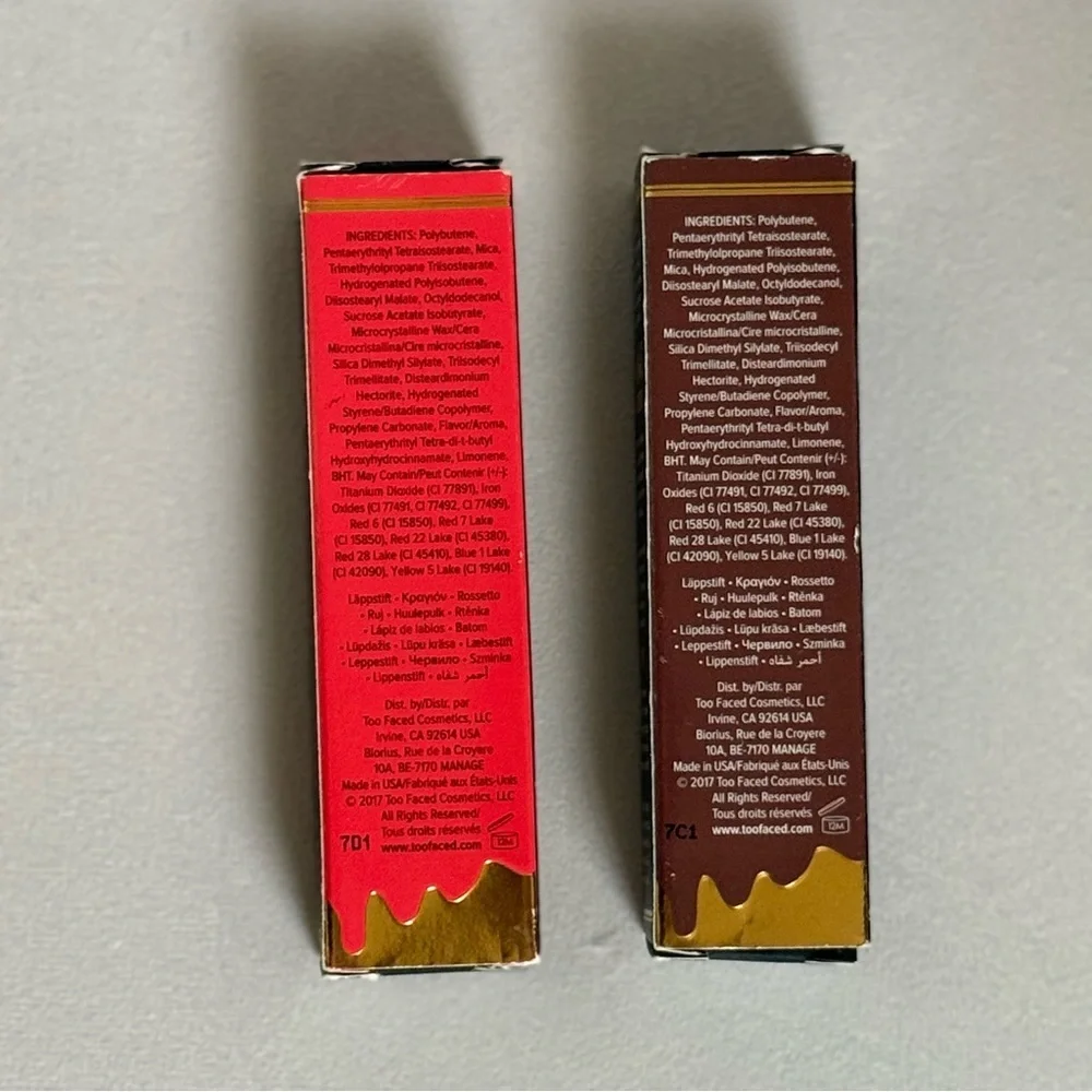 2Pc Too Faced Melted Latex Lipstick Pair Rated R Red and Strange Love Chocolate